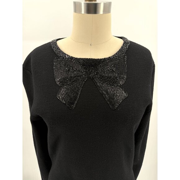 Cathy Hardwick Black Wool Beaded Bow Detail Sweater S - Picture 2 of 9